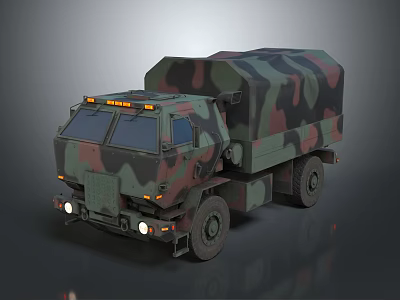 Camouflage Military Transport Vehicle With Cargo Compartment And Off Road Tires 3d model