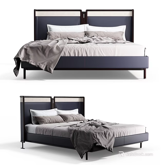 Modern Double Bed With Leather Headboard And Gray Bedding Sleek Design 3d model