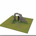 Ancient Stone Archway of Historic School Building with Broken Walls Wooden Door and Green Grass