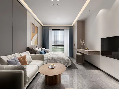 Modern Apartment Living Room Interior With Stylish Sofa Coffee Table TV And Window Curtains 3d model