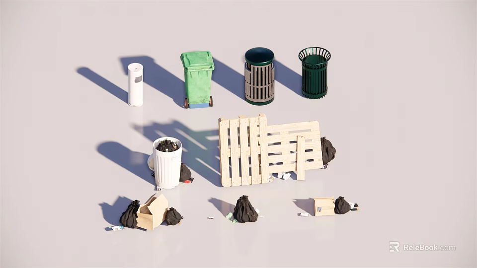 Public Facilities Featuring Green Trash Bins Metal Trash Cans And Wooden Bench 3d model 