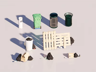 Public Facilities Featuring Green Trash Bins Metal Trash Cans And Wooden Bench 3d model