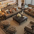 Elegant Classic Sofa And Coffee Table Set With Decorative Pillows Ottomans Lamp And Area Rug