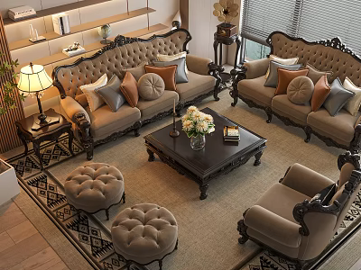 Elegant Classic Sofa And Coffee Table Set With Decorative Pillows Ottomans Lamp And Area Rug 3d model