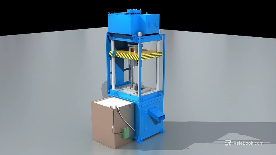 Blue Industrial Hydraulic Press Machine With Frame Structure And Base Cabinet 3d model 
