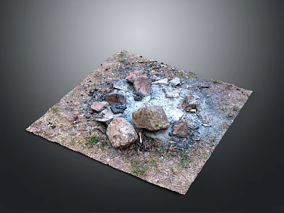 Outdoor Campfire Setup With Stones Ash Dirt And Dry Grass In Square Area 3d model