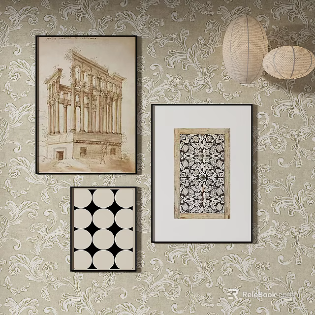 Abstract Paintings Hanging On Patterned Wallpaper Wall With Framed Art And Lanterns 3d model