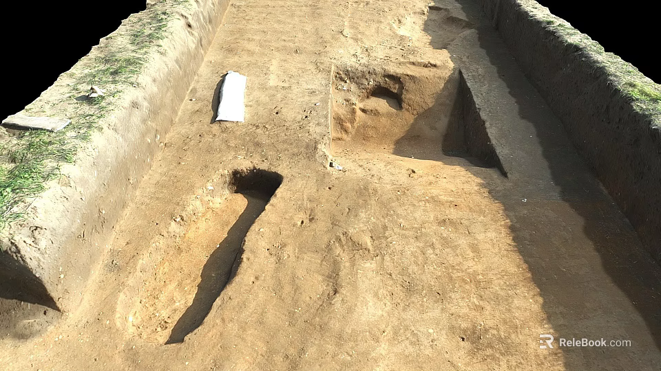 Archaeological Excavation Site With Dug Trenches And Ancient Remains On Dirt Ground 3d model 