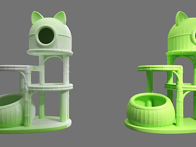 Green Cat Tree Decorative Ornament Set With Cat Ear Design Multi level Platform Round Nest 3d model