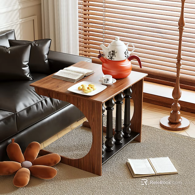 Wooden Side Table in Living Room with Red Teapot Bread Book Cup and Sofa 3d model 