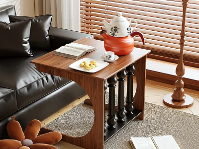 Wooden Side Table in Living Room with Red Teapot Bread Book Cup and Sofa 3d model