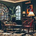 Elegant Private Box Interior With Stained Glass Windows Green Walls Fireplace And Sofa