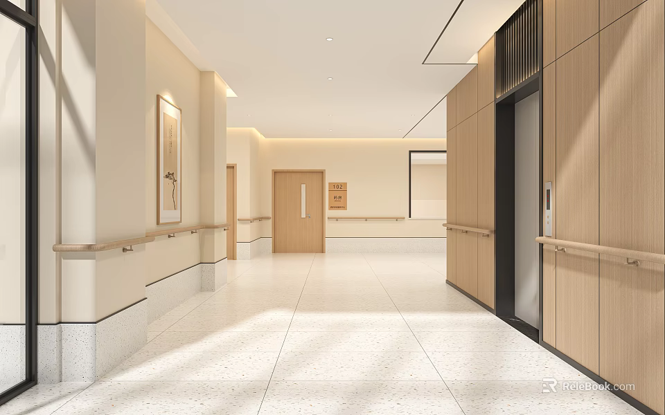Elevator Corridor With Modern Light Walls Handrails And Polished Flooring 3d model 