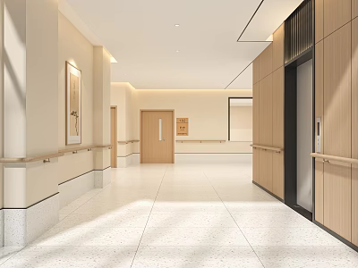 Elevator Corridor With Modern Light Walls Handrails And Polished Flooring 3d model