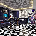KTV Interior Design With Modern Lighting Black Sofas LED Screens And Bar Counter