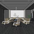Modern Conference Room With Long Table Ergonomic Chairs Large Screen Window View And Green Plants