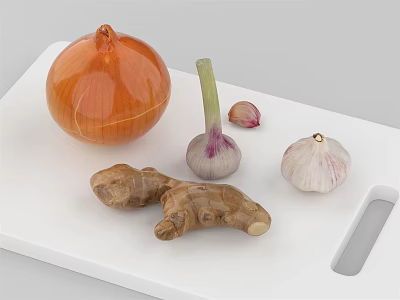 Fresh Onion Garlic and Ginger on Clean White Cutting Board for Cooking Prep 3d model
