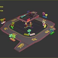 3D Model Gas Station Building With Red Signage Green Trees And Yellow Arrows