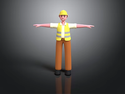 3D Construction Worker Figure With Yellow Hard Hat Safety Vest And Brown Pants 3d model