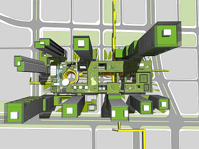 Aerial Planning View Of Urban Area With Buildings Roads And Green Spaces 3d model