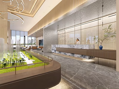 Modern Sales Office Interior Design With Marble Reception Desk Green Plants And Large Windows 3d model
