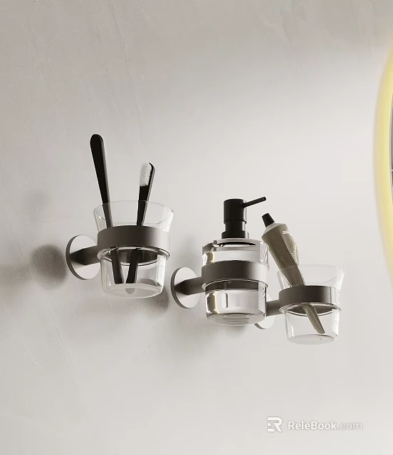Wall Mounted Bathroom Accessories With Glass Holders For Toothbrush And Soap Dispenser 3d model 