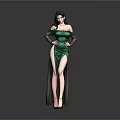Elegant Woman In Green Off Shoulder High Slit Dress Standing With Black Gloves