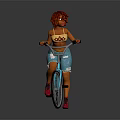 Red Haired Girl Riding Light Blue Bicycle Wearing Yellow Top And Blue Ripped Shorts