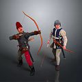 Two Men Holding Bows And Arrows Wearing Medieval Style Clothing With Red And Blue Hats