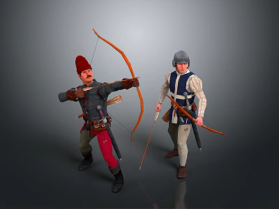 Two Men Holding Bows And Arrows Wearing Medieval Style Clothing With Red And Blue Hats 3d model