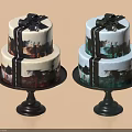 Two Tier Decorative Cakes With Black Bow And Artistic Paint On Cake Stands