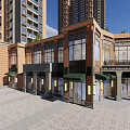 Modern Commercial Street With Glass Windows Outdoor Seating Cafes And High Rise Buildings