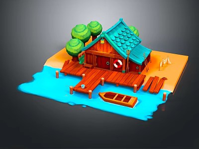 Wooden Cabin With Blue Roof Surrounded by Trees Water Wooden Dock And Small Boat 3d model