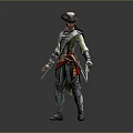 Historical Assassin Themed Man in Leather Armor with Red Sash Holding Dual Swords