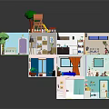 Cartoon Style Multi Level House with Various Rooms and Playground Elements Like Slide