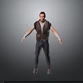 Man In Brown Vest Blue Jeans With Backpack And White Wristbands Arms Outstretched Gray Background