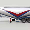 Functional Tanker Trailer For Liquid Transport With White Body Red Blue Stripes And Multiple Wheels