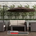 Elegant Outdoor Sofa with Wicker Chairs Coffee Table and Umbrella on Wooden Deck Bamboo Wall