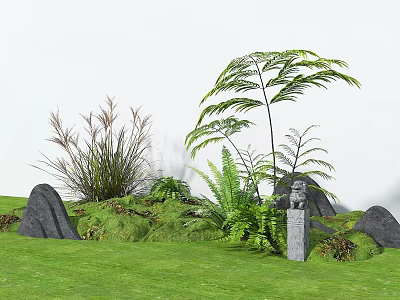 Lush Green Grass Garden With Large Rocks Ferns And Tall Plants 3d model