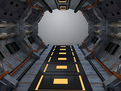 Futuristic Sci Fi Corridor With Illuminated Yellow Floor Stripes And Metal Walls 3d model