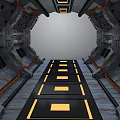 Futuristic Sci Fi Corridor With Illuminated Yellow Floor Stripes And Metal Walls