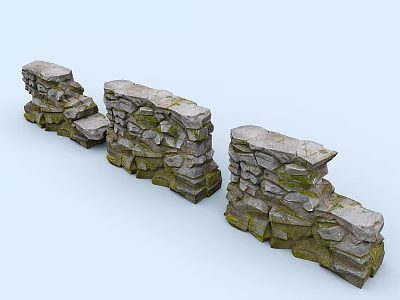 Rustic Architectural Exterior Wall With Irregular Stone Blocks And Moss Accents 3d model