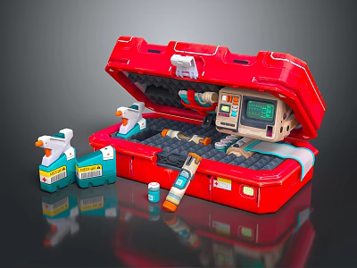 Red First Aid Kit With Medical Devices Syringe Spray And Monitor Supplies 3d model