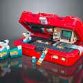 Red First Aid Kit With Medical Devices Syringe Spray And Monitor Supplies