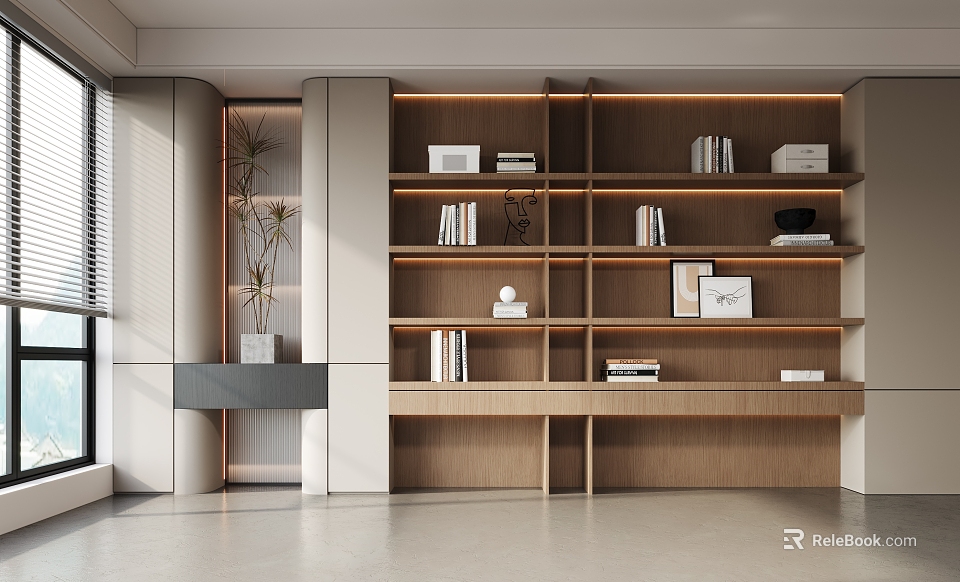 Modern Wooden Bookshelf Interior Design With Layered Shelves Books And Decorations 3d model 