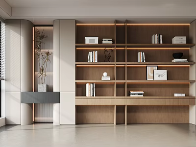 Modern Wooden Bookshelf Interior Design With Layered Shelves Books And Decorations 3d model