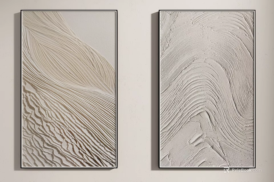Modern Relief Paintings With Wave Patterns In Black Frames On White Wall 3d model 