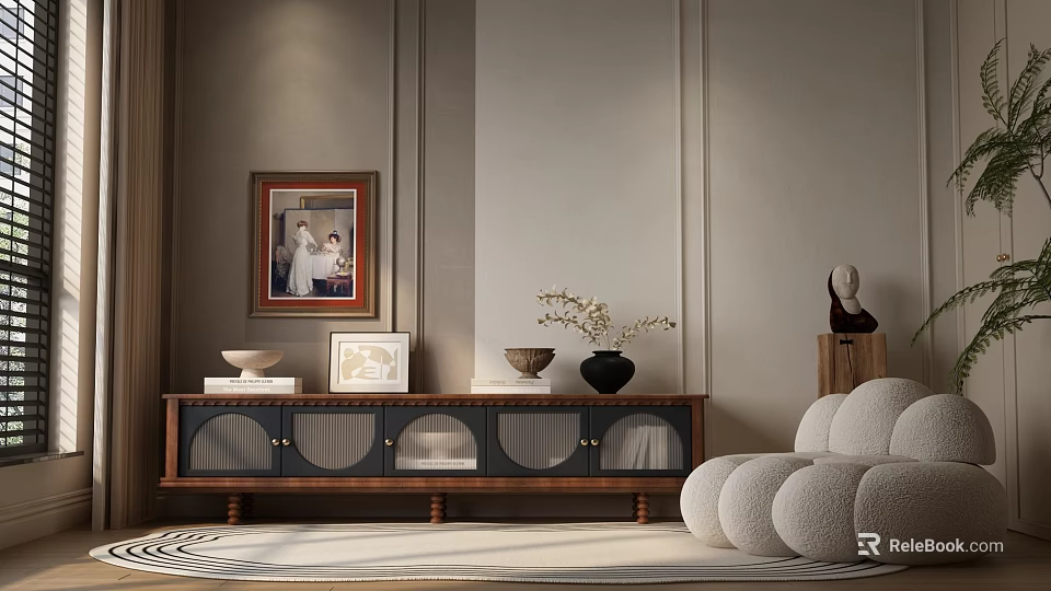 Minimalist Wooden TV Stand With Framed Picture Decorative Vase And Sofa In Living Room 3d model 
