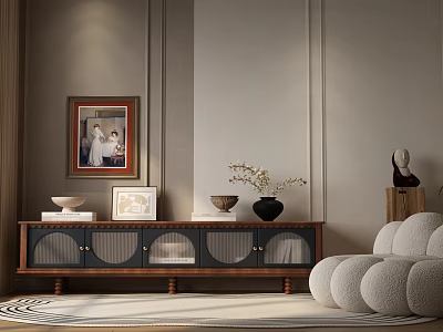 Minimalist Wooden TV Stand With Framed Picture Decorative Vase And Sofa In Living Room 3d model