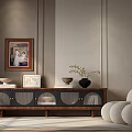 Minimalist Wooden TV Stand With Framed Picture Decorative Vase And Sofa In Living Room